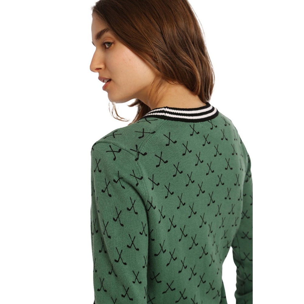 Minnie Rose Tennis Club Print Cardigan Sweater  Golf Green Cotton Cashmere S - Picture 4 of 15